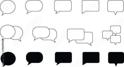 A collection of diverse black and white speech bubbles chat boxes and communication icons in various shapes and styles displayed