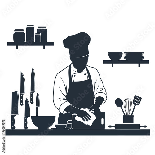 Chef preparing food in kitchen.