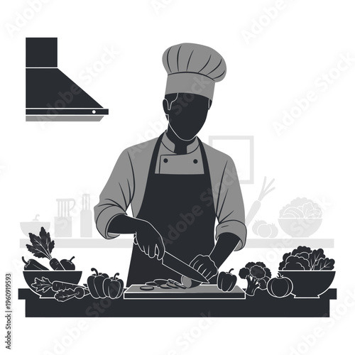 Chef preparing food in kitchen.