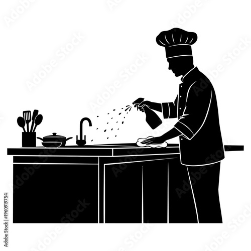 Chef sprinkling seasoning on food.