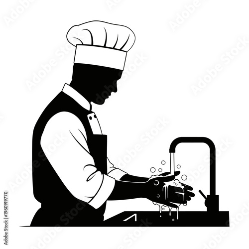 Chef washing hands under faucet.