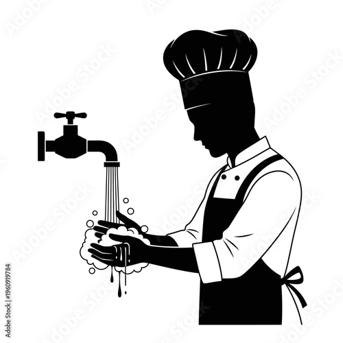 Chef washing hands under faucet.