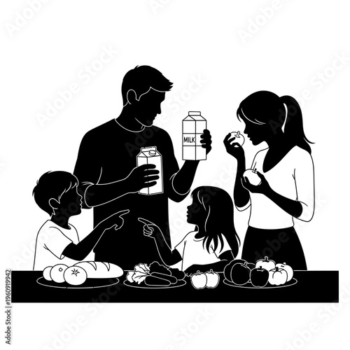 Family eating breakfast together at home.