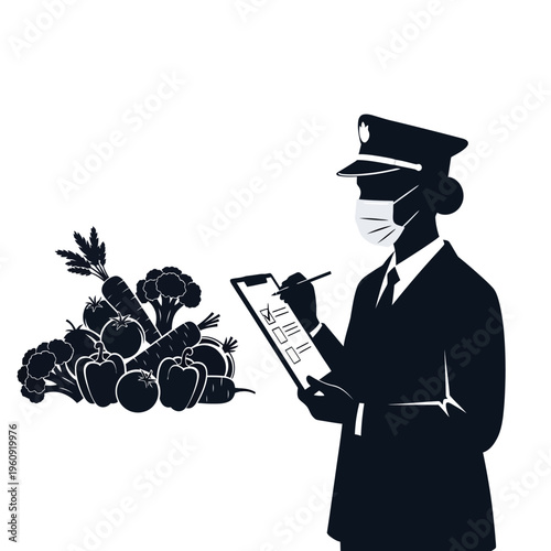 Female inspector with face mask checking vegetables.
