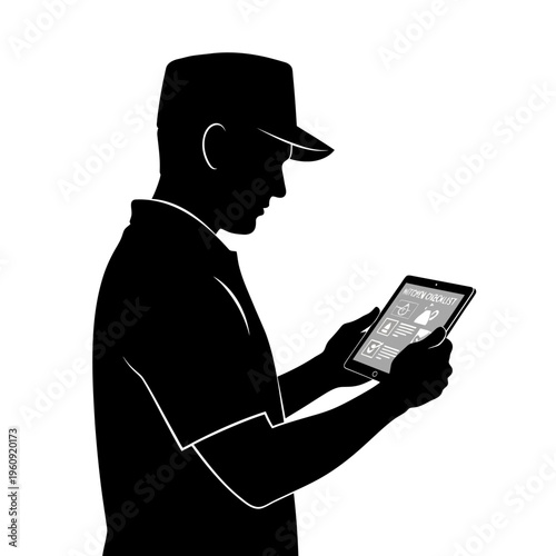 Man in cap using digital tablet.