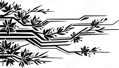 Dynamic black and white non-representational vector design with stylized nature and geometric lines, flawless for up-to-date virtual.