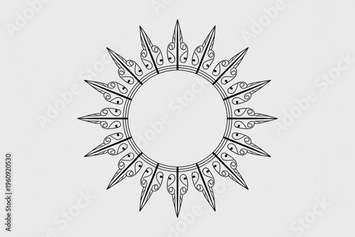 A circular ornamental frame with sharp triangular spikes and intricate decorative swirl patterns Vector