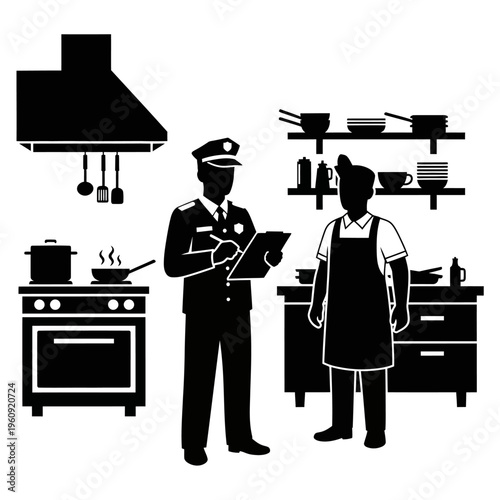 Police officer and chef in kitchen.