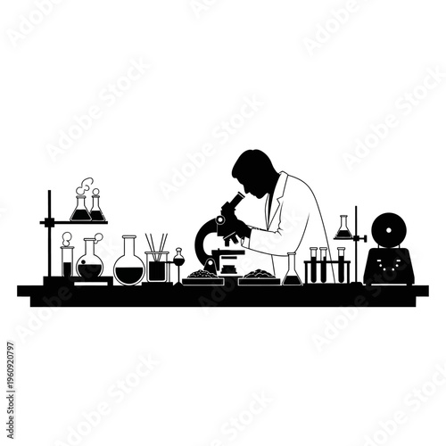 Scientist in lab coat using microscope.
