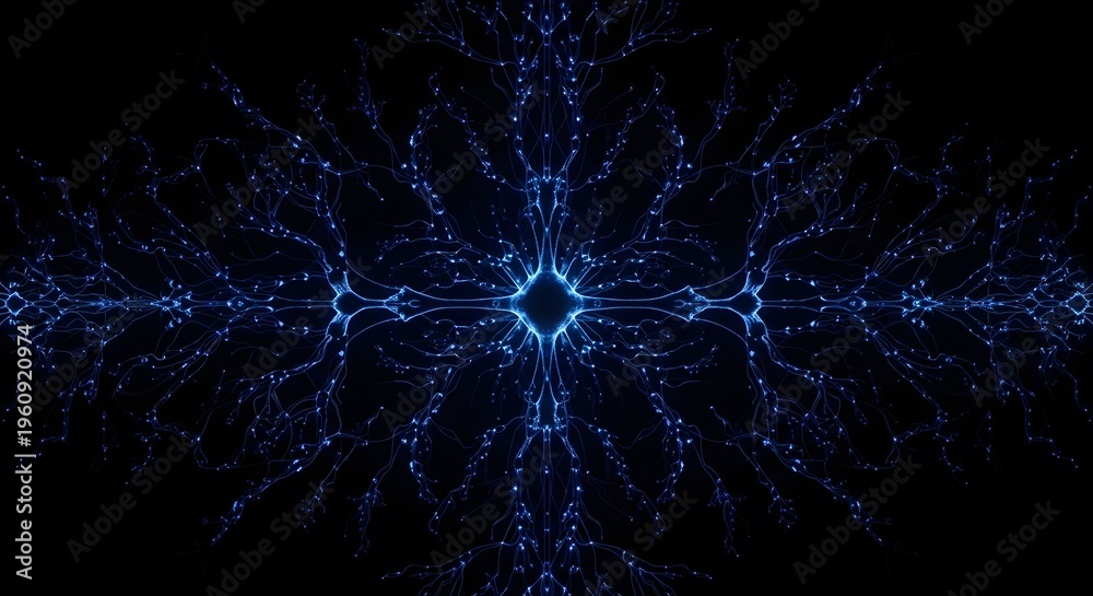 Fototapeta premium Symmetrical neural network structure with glowing blue lines branching out like trees against black background