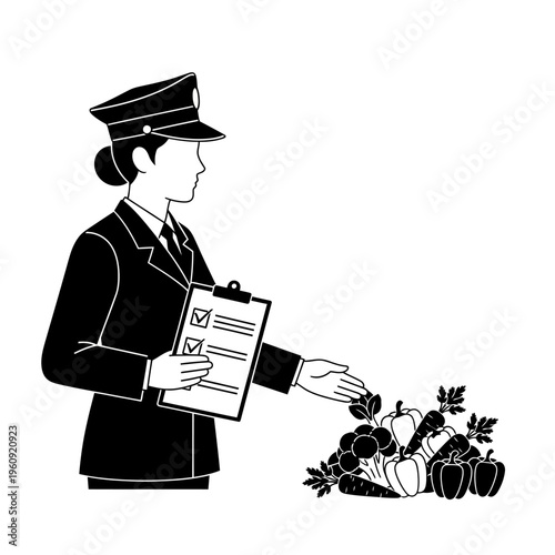 Woman in uniform inspecting vegetables.