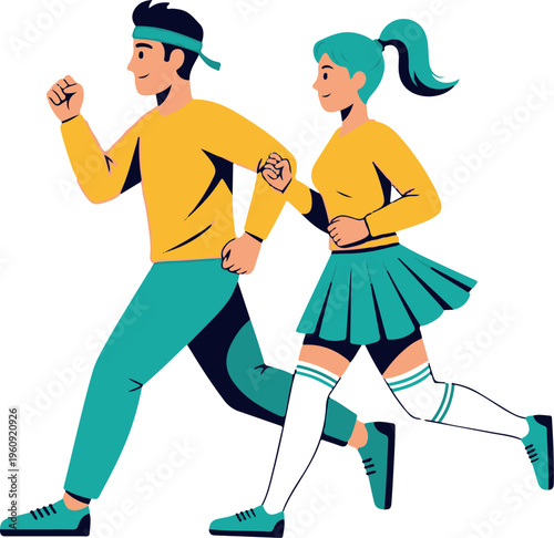 Teal and yellow athletic duo in motion