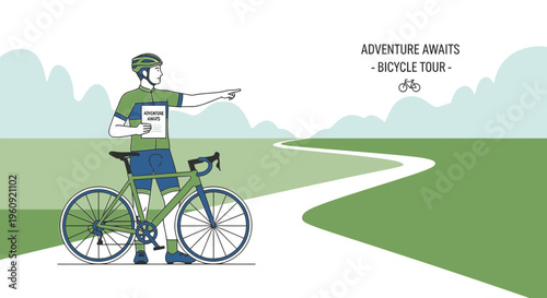 Cyclist pointing on winding road, adventure awaits, bicycle tour graphic