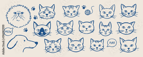 Cute kitten face doodles, hand drawn cat lover sketches, whimsical feline pet icons, animal rescue adoption elements, playful kitty lifestyle clip art, domestic pet sticker set, cat breed line art gra
