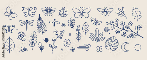 Spring garden nature doodles, hand drawn insect and flower sketches, whimsical botanical butterfly icons, organic backyard ecosystem elements, blooming meadow clip art, garden life sticker set, floral