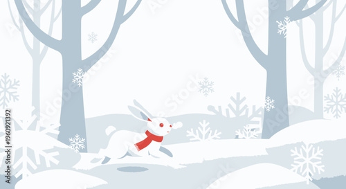 Cute White Rabbit Running in Snowy Winter Forest with Red Scarf, Snowflakes Falling