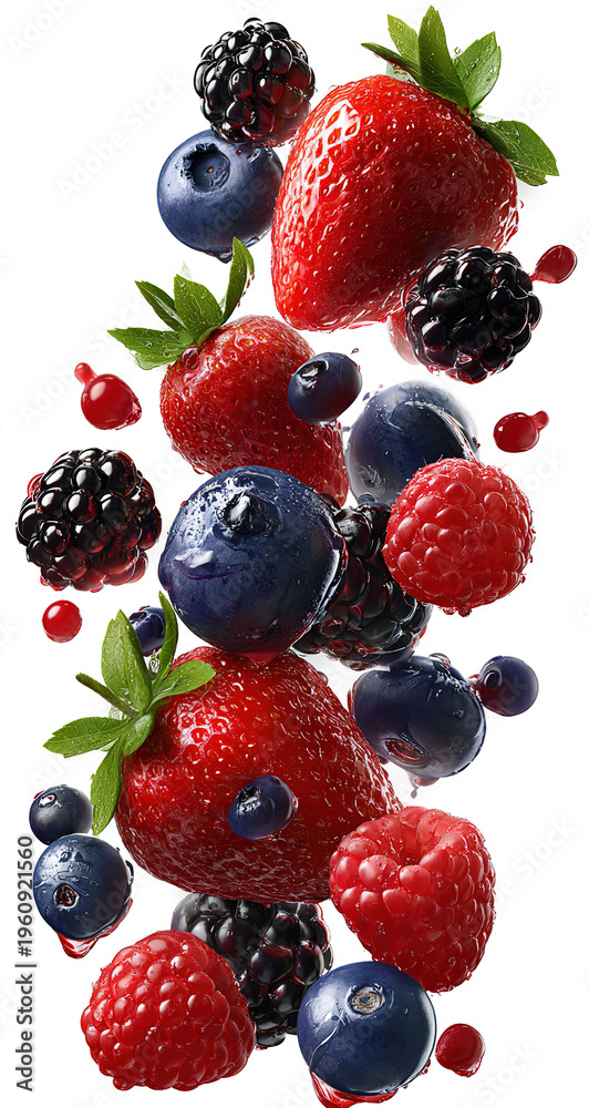 Obraz premium A colorful arrangement of fresh berries, including strawberries, blueberries, raspberries, and blackberries, floating together against a clean background. The fruits appear vibrant, juicy, and freshly