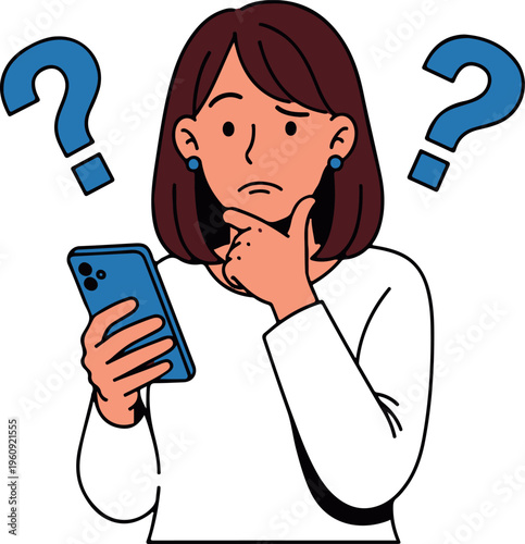 Confused woman with question marks looking at her phone