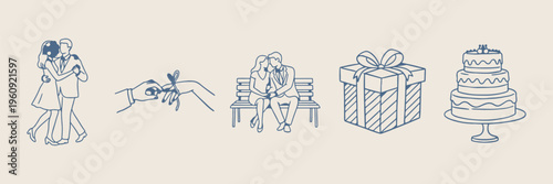 Romantic couple date doodles, hand drawn love and relationship sketches, whimsical anniversary celebration icons, cozy park bench picnic elements, cute wedding engagement clip art, valentines day stic