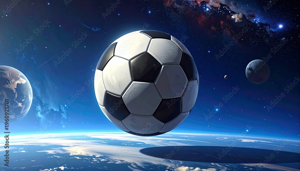 Naklejka premium Floating Zero-G: A soccer ball suspended in space with planet earth in the background