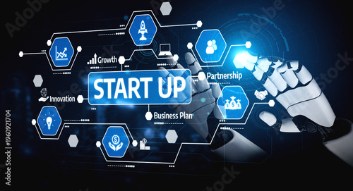 Wallpaper Mural Visual representation of a robotic hand engaging with digital icons related to business strategies and innovation, showcasing the intersection of technology and entrepreneurship. Tessel Torontodigital.ca