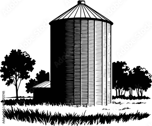 Black and white of a large grain silo surrounded by trees and grass farm agriculture