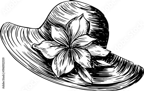 Black and white of a wide-brimmed hat adorned with a large flower vintage fashion