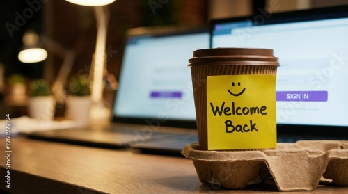 Coffee Cup with Welcome Back Note in a Cozy Home Office Workspace Featuring Laptops and Plants