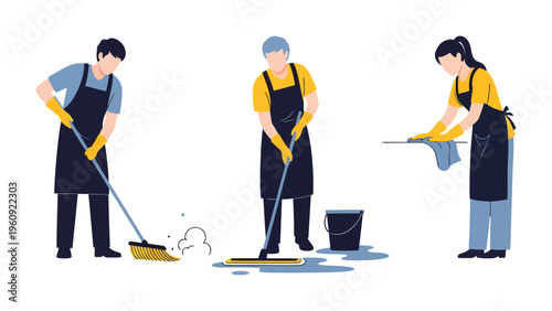 Obraz na plátně Cleaning Crew: Three workers in uniform and aprons diligently clean a space, with one sweeping, another mopping a wet floor, and the third wiping a surface