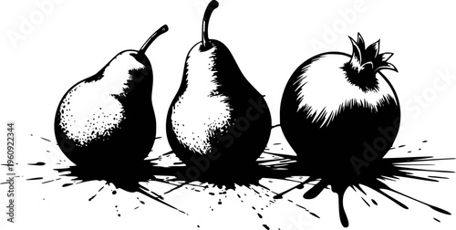 Black and white of pears and pomegranate with ink splatters fruit
