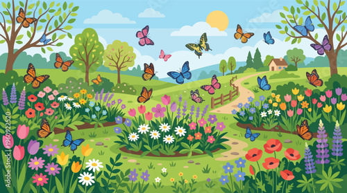A beautiful sunny spring meadow filled with colorful blooming flowers and a flock of vibrant butterflies fluttering in the air