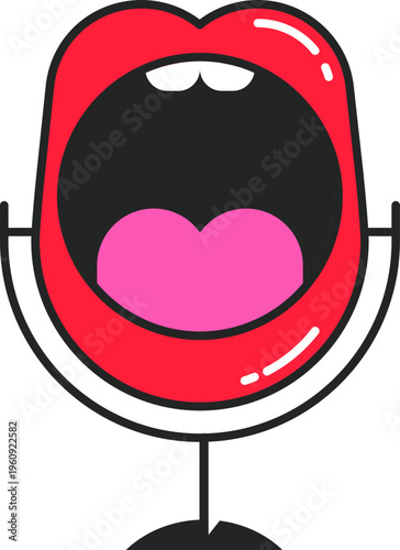Abstract open mouth microphone vector icon, podcast logo element, audio symbol and line art mic illustration.