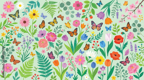 A vibrant springtime garden teeming with diverse flowers and fluttering butterflies, a delightful illustration of nature's beauty and renewal