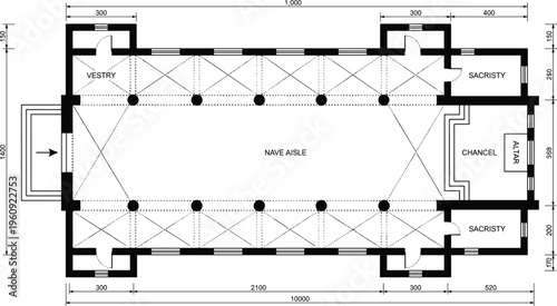 Architectural church floor plan illustration showing vestry, sacristy, chancel, altar, and nave aisle layout with symmetrical structural design details