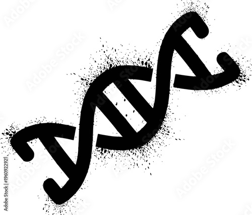 Black D N A double helix with abstract ink splatter white background