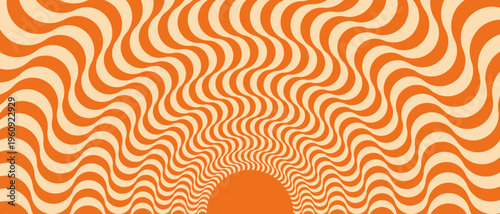 Retro orange and beige background with a vintage circus sunbeam. Psychedelic colorful swirl poster, abstract pattern in the style of 70s carnival. Hypnotic sunbeam vector illustration. Optical wave 