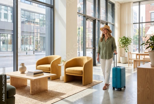 Young woman traveling with blue suitcase in modern hotel lobby