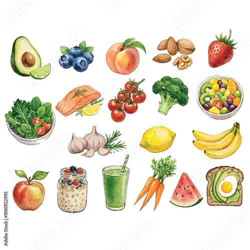 Fresh colorful fruits and vegetables collection on white background