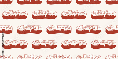 Seamless pattern with french eclairs in red line art style. Vector background for bakery, cafe menu and dessert design. Minimalist hand drawn pastry wallpaper for textile and packaging, wrapping paper