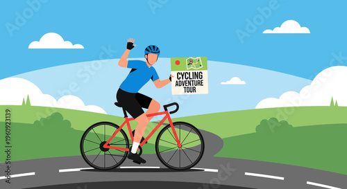 Cyclist Riding Bicycle, Holding "Cycling Adventure Tour" Sign, Green Hills Landscape