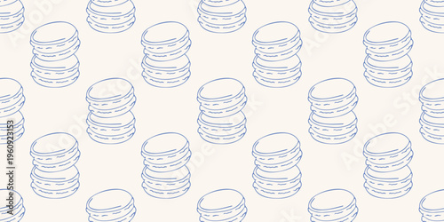 Seamless pattern with french macarons in blue line art style. Vector background for bakery, cafe menu and sweet dessert design. Minimalist hand drawn pastry wallpaper for textile and packaging.