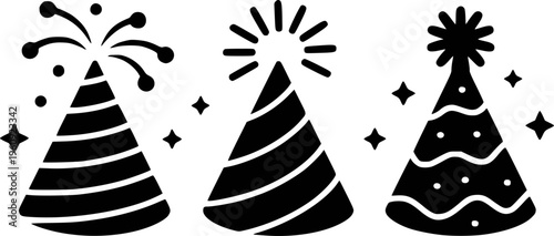 Black Party Hats With Stars And Confetti White Background celebration birthday