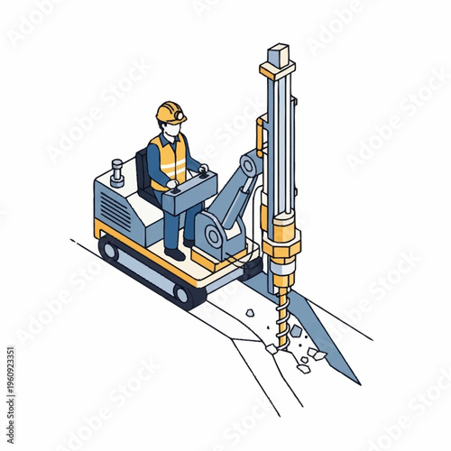 Isometric illustration of a worker operating a drilling machine on a construction site.