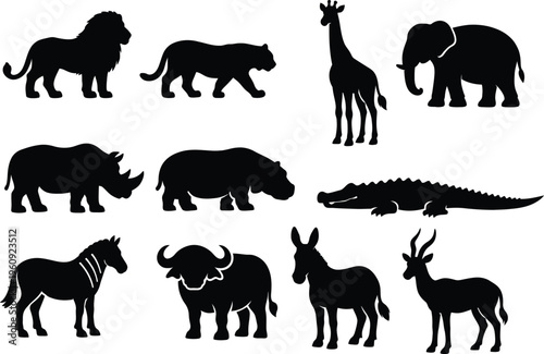 Cute vector animal icon set featuring cats, dogs, lions, bears, elephants and other animals in a simple black silhouette style collection