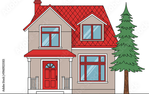 Cartoon residential two‑story house illustration with red roof, beige walls, chimney, gabled sections, windows, porch, and green pine tree exterior