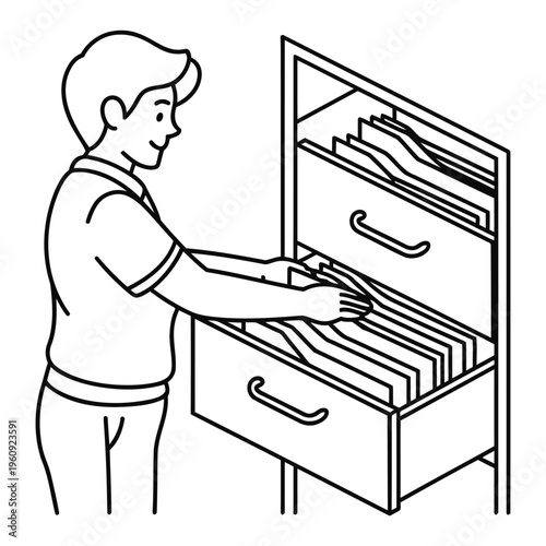 office worker organizing files in cabinet eps outline style showing document storage management filing system and workplace organization concept