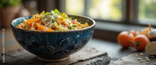 Colorful Vegetable Salad in Ornate Bowl on Wooden Table with Natural Light Setting