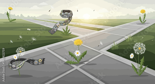 Dandelions Growing Through Concrete Crossroads at Sunrise