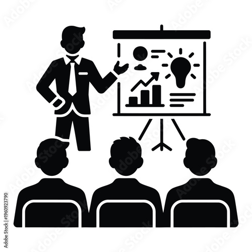 entrepreneur presenting ideas to audience with board eps silhouette style showing business leadership startup pitch and innovation concept for company growth