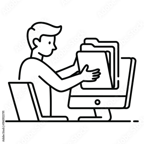 office worker organizing digital files on desktop computer eps outline style showing file management data storage and technology workflow concept